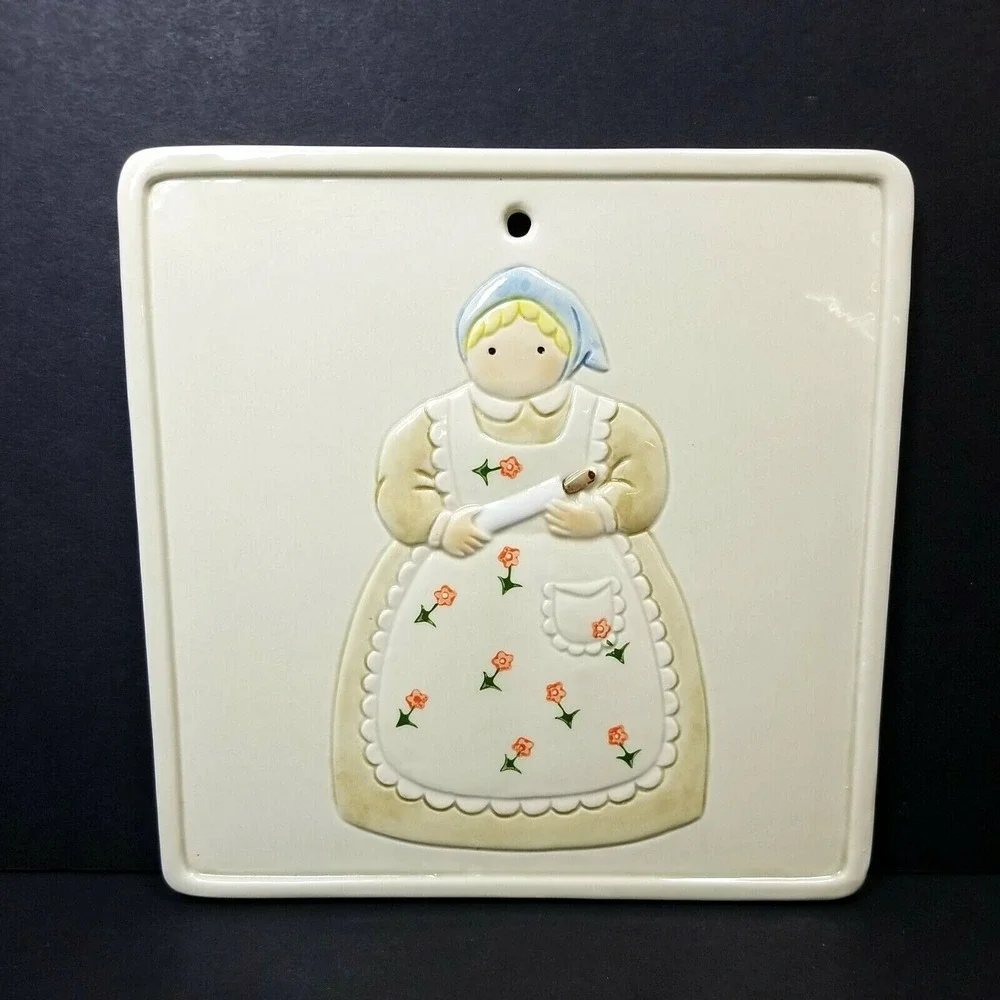 (2) Otagiri Farmhouse Lady w/ Rolling Pin Trivet Wall Art Plaque Ceramic Vintage